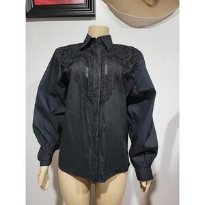 Della Roufogali Black Size 10 Women's Vintage Blouse Embroidered Button Up #C